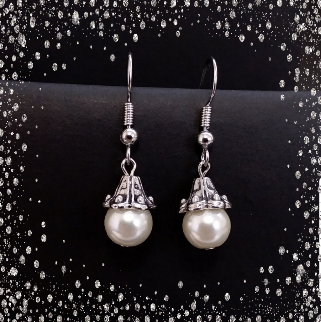 Sale White Pearl Silver Tone Earrings Nib